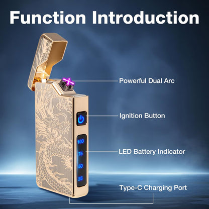 LcFun Electric Lighter USB Rechargeable, Dual Arc Plasma Lighter, Windproof Flameless Lighters, Electronic Lighters with LED Battery Indication Gifts for Men Boyfriend Husband (Dragon Gold)