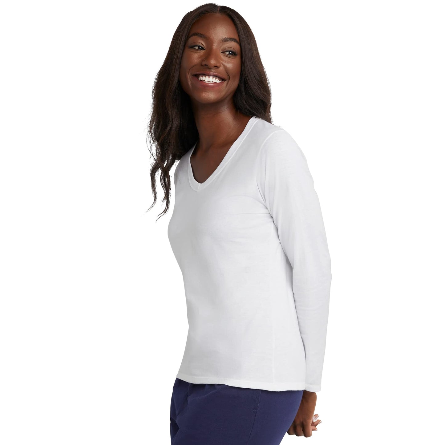 Hanes Women's Originals Long Sleeve Cotton T-Shirt, Lightweight V-Neck Tee, Modern Fit, White, Large, O9142