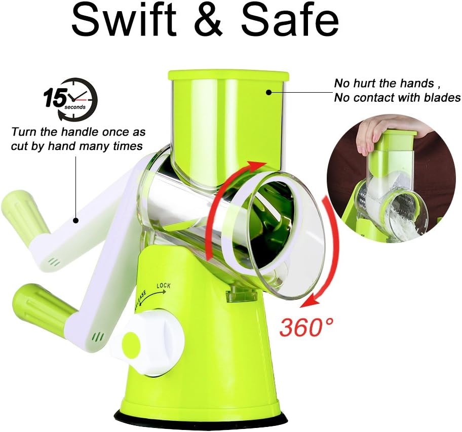 Ourokhome Rotary Cheese Grater Hand Crank, Kitchen Shredder Speed Mandolin Slicer Nut Grinder with Handle and Drum Blades for Cheese, Vegetable, Walnut, Chocolate, Potato, Carrot, 3 Blades, Green