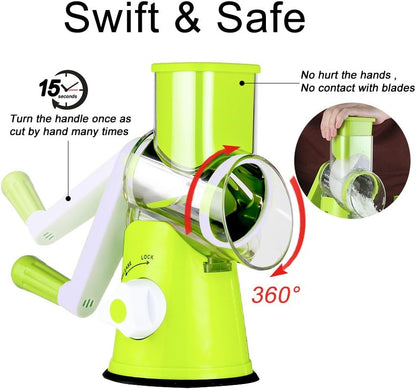 Ourokhome Rotary Cheese Grater Hand Crank, Kitchen Shredder Speed Mandolin Slicer Nut Grinder with Handle and Drum Blades for Cheese, Vegetable, Walnut, Chocolate, Potato, Carrot, 3 Blades, Green