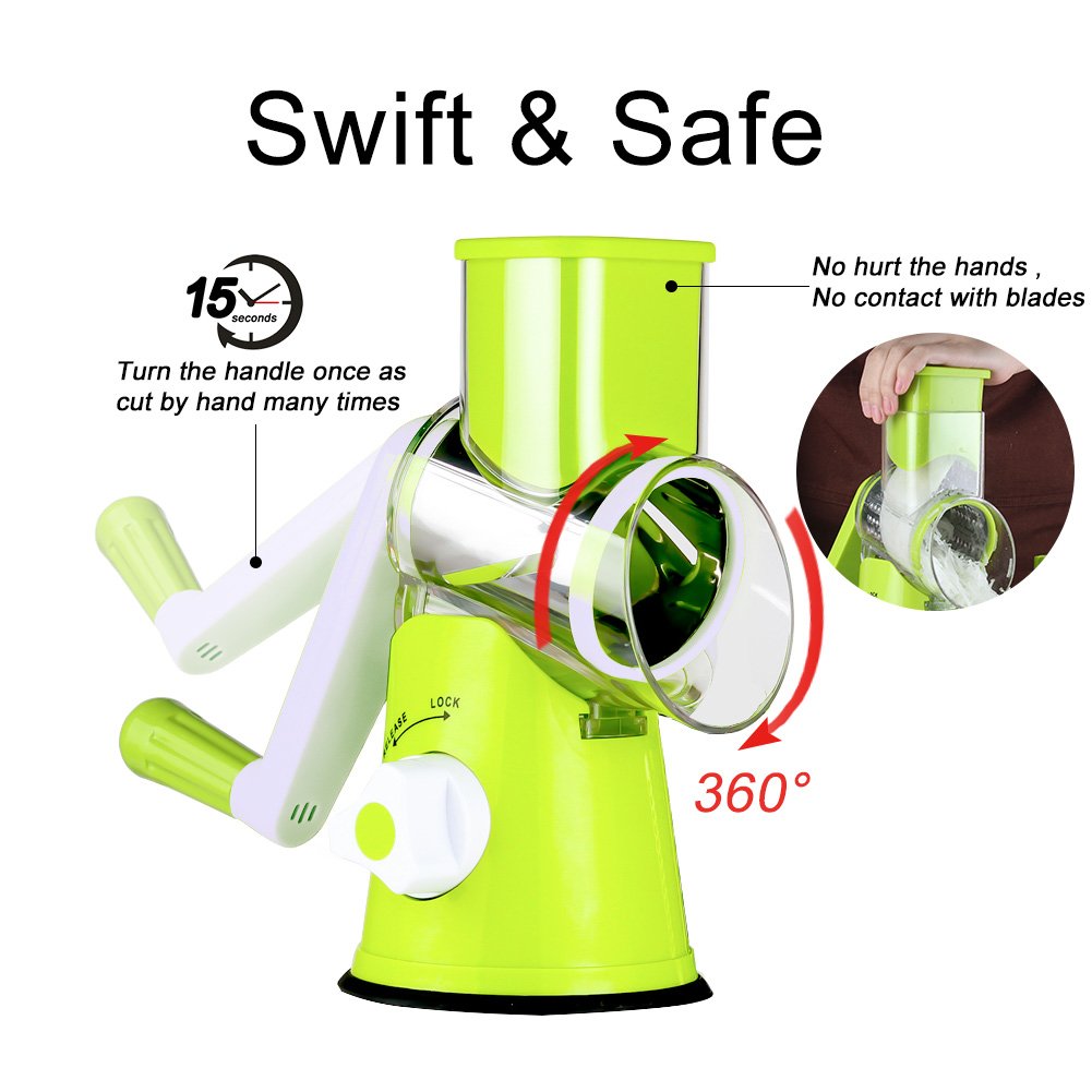 Ourokhome Rotary Cheese Grater Hand Crank, Kitchen Shredder Speed Mandolin Slicer Nut Grinder with Handle and Drum Blades for Cheese, Vegetable, Walnut, Chocolate, Potato, Carrot, 3 Blades, Green