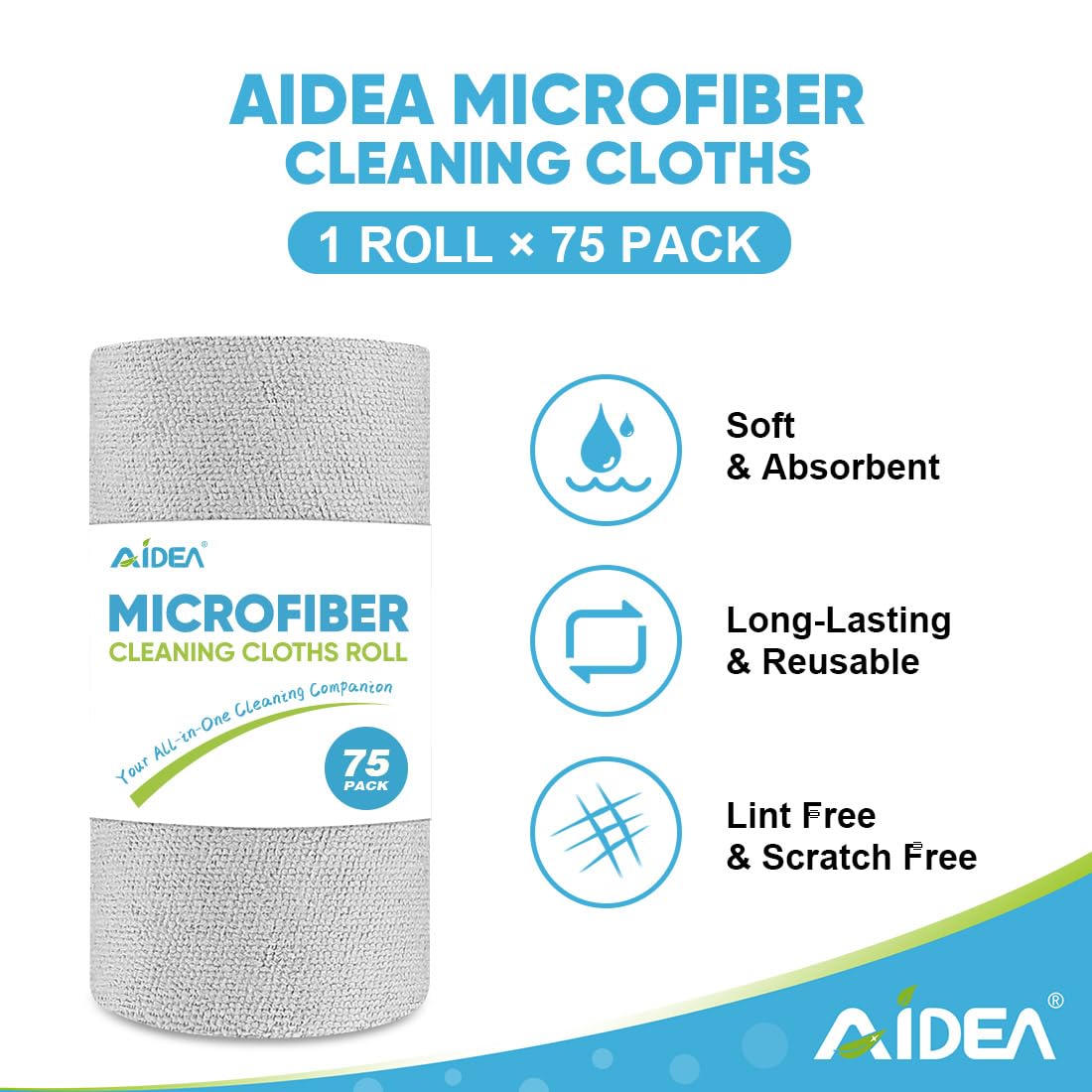 AIDEA Microfiber Cleaning Cloth Roll, Grey 75PK, Reusable Paper Towels Tear Away Cloth, Microfiber Towels for Cars, Wash Cloths, Lint Free Rags for House, Kitchen,Window,Cleaning Supplies 11.5"×11.5"