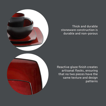 Gibson Soho Lounge Square Reactive Glaze Dinnerware Set, Red, Service for 4 (16pcs)