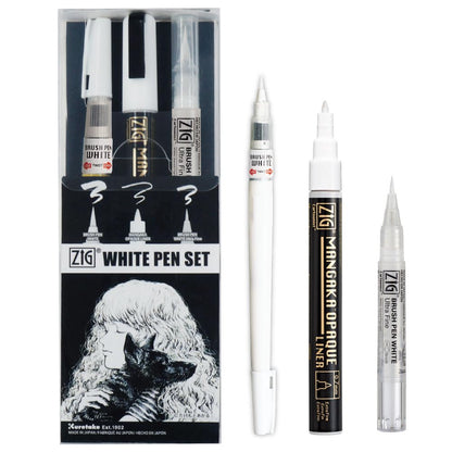 Kuretake Zig Inktober pen set, for Illustration, Manga Drawing, Lettering and Calligraphy, Professional Artist, Made in Japan (White(3pcs.))