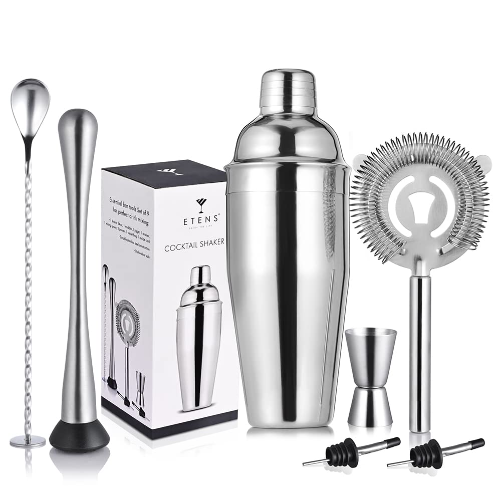 Etens Cocktail Shaker Set & Bar Kit – 24 oz Stainless Steel Drink Mixer Martini Shaker for Bartender – Complete Cocktail Kit w/Strainer, Muddler, Alcohol Mixer Tools