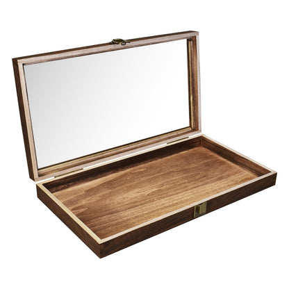MOOCA Natural Wood Tempered Glass Top Jewelry Display Case Accessories Storage Box with Metal Clasp, Wooden Jewelry Tray for Collectibles, Pocket Knife Display Case, Brown