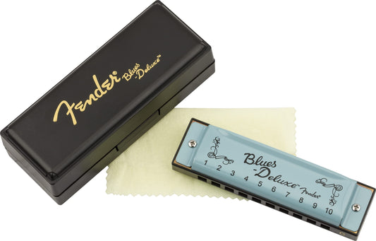 Fender Blues Deluxe Harmonica, Stocking Stuffers, Guitar Accessories, Key of C 10 Holes, Includes Hard Plastic Carrying Case, Daphne Blue