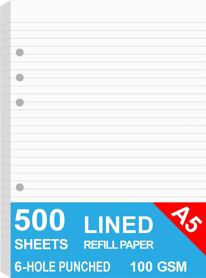 (5 Pack) A5 Lined Refills Paper for Filofax Planner/Binders/Organizer, 6 Hole Punched, Total 500 Sheets/1000 Pages, 100gsm, White, 5.8 x 8.2 Inch Filler Paper