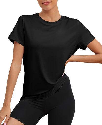 KevaMolly Black Workout Tops for Women UPF50+ Breathable Loose Fit Yoga T Shirts Short Sleeve Running Gym Athletic Tee Top XXL