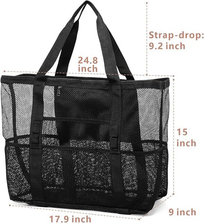 F-color Mesh Beach Bag Family - 2 Pack Beach Tote 9 Pockets Cruise Vacation Essentials, Black