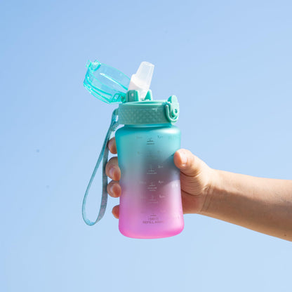 OLDLEY Kids Water Bottle for School, 12 oz (2 lids) BPA-Free Reusable Leak-proof Durable Tritan Plastic Water Bottles with Straw & Chug Lids, Anti-dust Spout Cover (Green Purple)