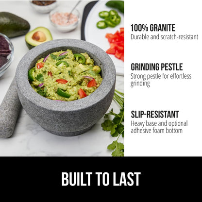 GORILLA GRIP Heavy Duty Mortar and Pestle Set with Slip Resistant Base, 100% Granite Stone Molcajete Guacamole Bowl, Grind Seeds Spices, Crush Garlic, Kitchen Muddler for Fresh Herbs, 1.5 Cup, Gray