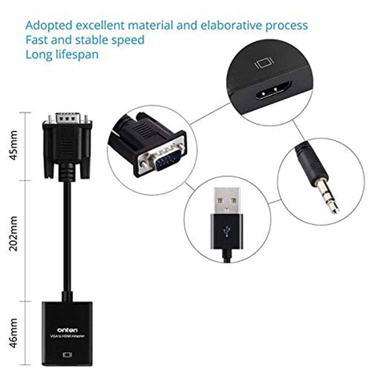 ONTEN VGA to HDMI, 1080P Adapter (Male to Female) for Computer, Desktop, Laptop, PC, Monitor, Projector, HDTV with Audio Cable and USB Cable (1 Pcs)