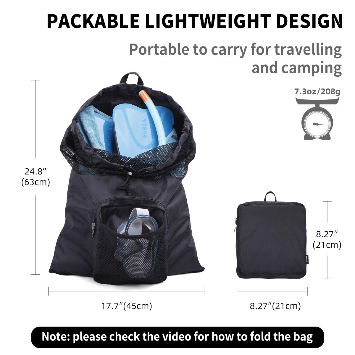 PACEARM Packable Swim Bag, Mesh Swim Drawstring Backpack with 35L Upgraded Capacity & Vented Design, Lightweight Swimmers Mesh Bag for Swimming Gear Snorkeling Equipment (Black)