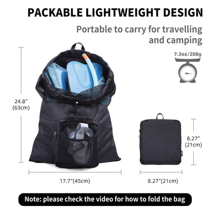 PACEARM Packable Swim Bag, Mesh Swim Drawstring Backpack with 35L Upgraded Capacity & Vented Design, Lightweight Swimmers Mesh Bag for Swimming Gear Snorkeling Equipment (Black)