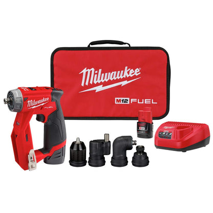 Milwaukee 2505-22 M12 Fuel Installation Drill/Driver Kit, Compact, Forward/Reverse Switch, Keyless Chuck, LED Light, Variable Speed