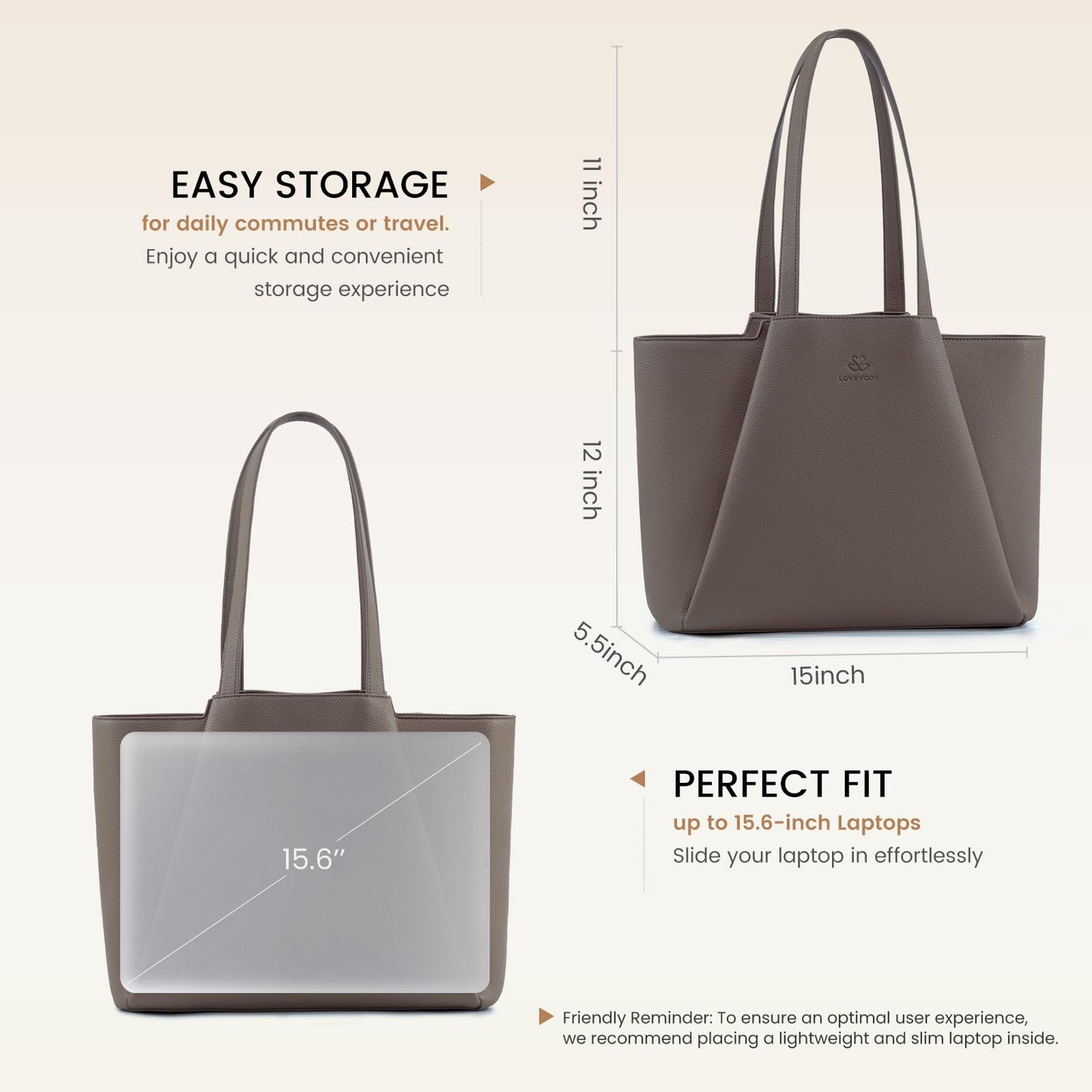 LOVEVOOK Laptop Tote for Women - 15.6 Inch Faux Leather Laptop Bag with Clutch, Large Capacity Office Purse Computer Briefcase for Casual Business Travel,Dark Khaki