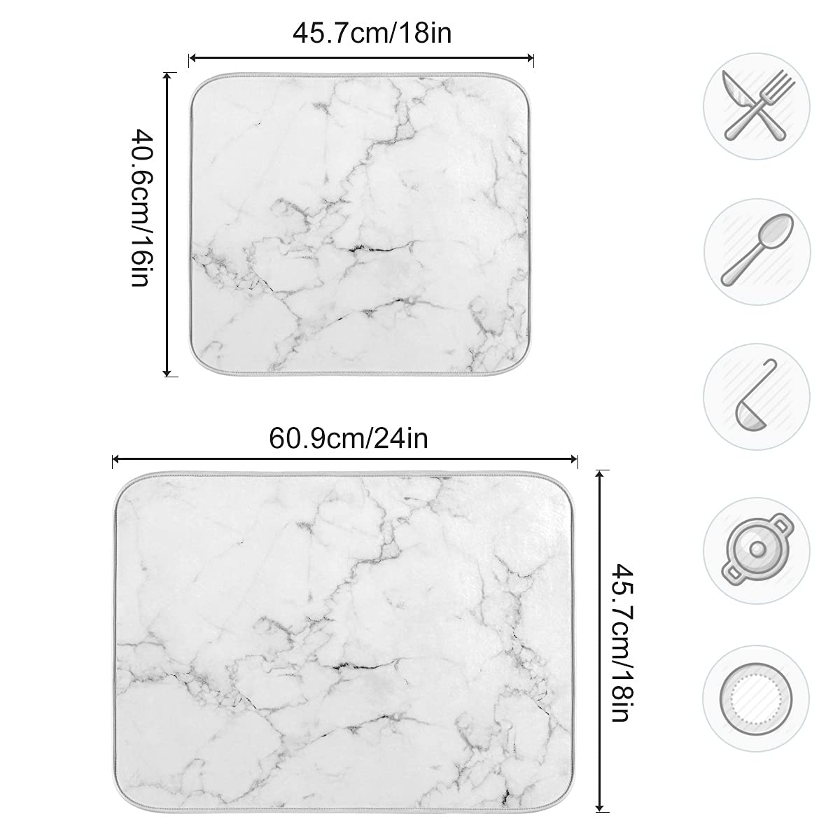 Absorbent Dish Drying Mat for Kitchen Counter - Marble Print Microfiber Drying Pad, Reversible Drainer Mats for Countertop, Large 18 x 24 inch