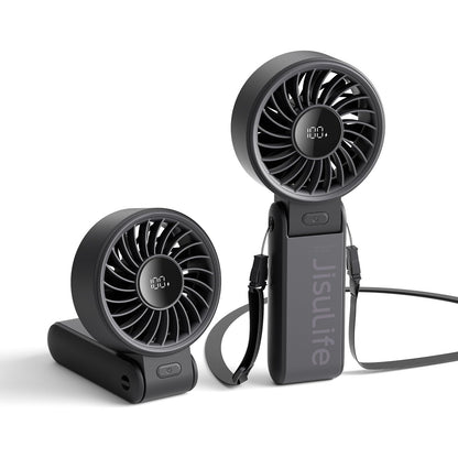 JISULIFE Handheld Fan Life7 – Ultimate Flexibility: High-Power Motor, LED Display, 19.5 Hrs Cooling, 5000mAh Rechargeable, 5-Speed, Foldable Design, 3-IN-1 Portable Fan for Travel Cruise Beach(Black)