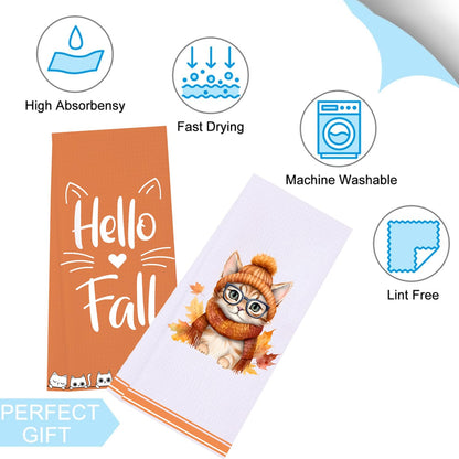 LXOMILL Cat Fall Kitchen Towels - Orange Autumn Dish & Hand Towels for Fall Decor