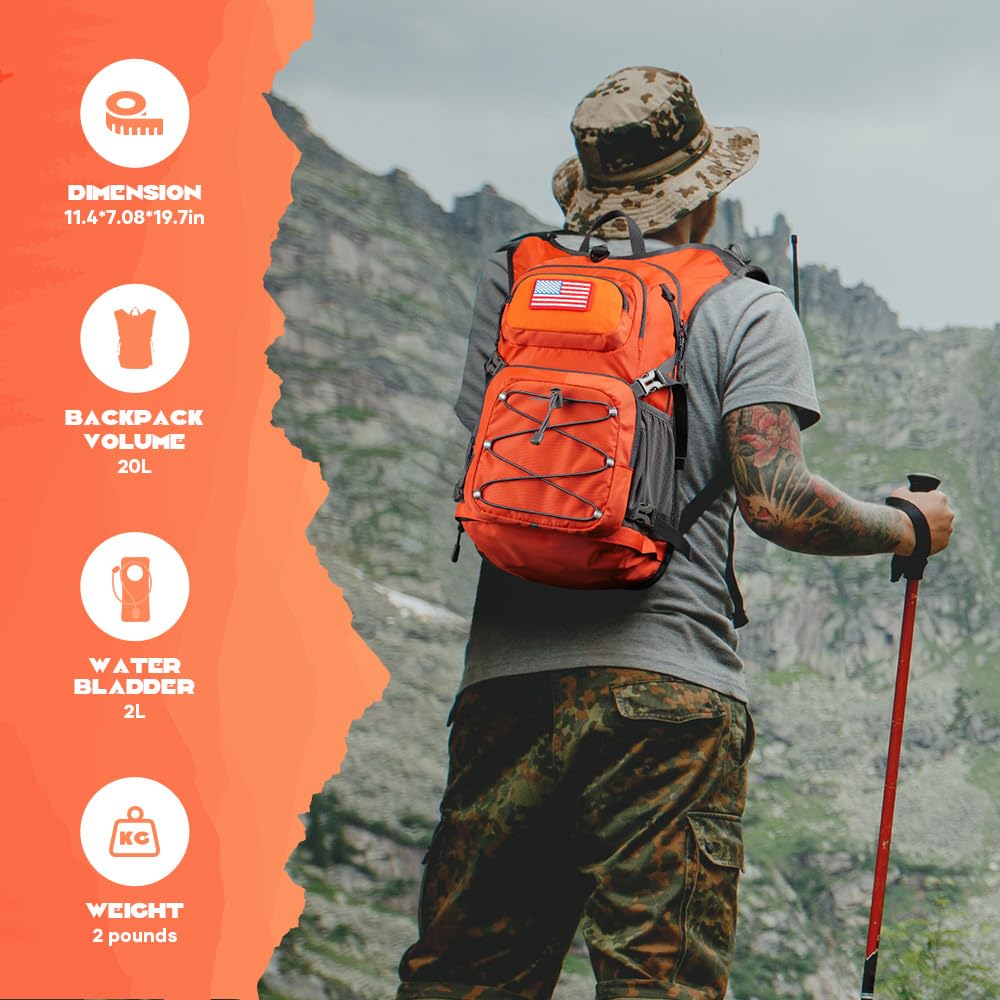 Maelstrom Hydration Hiking Backpack with 2L/3L Water Bladder, High Flow Bite Valve Camping Daypack Lightweight (2.Orange, 2L Bladder)