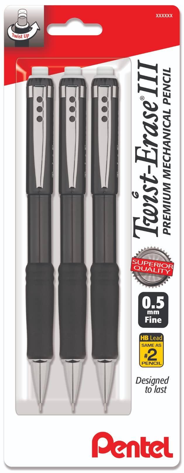 Pentel Mechanical Pencil 0.5 mm Twist Erase III, Twist Up Eraser, Pre-Loaded Super Hi-Polymer HB Lead, Black Barrel, 3-Pack