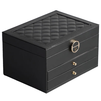 GUOER Jewelry Box for Women Girl Wife 3 Layers Large PU Leather Jewelry Organizer Storage Case with Two drawers Display for Earrings Bracelets Rings Watches (Black)