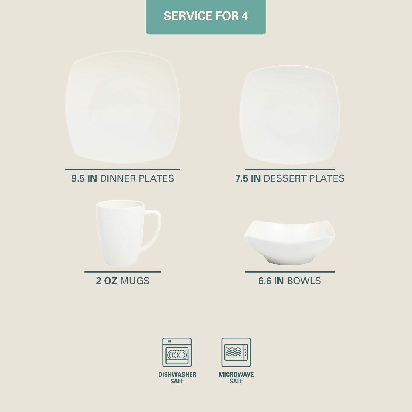 Gibson Home Zen Buffet Porcelain Chip and Scratch Resistant Dinnerware Plates, Bowls, and Mugs Set, Service for 4 (16pcs), White (Square Dishes)