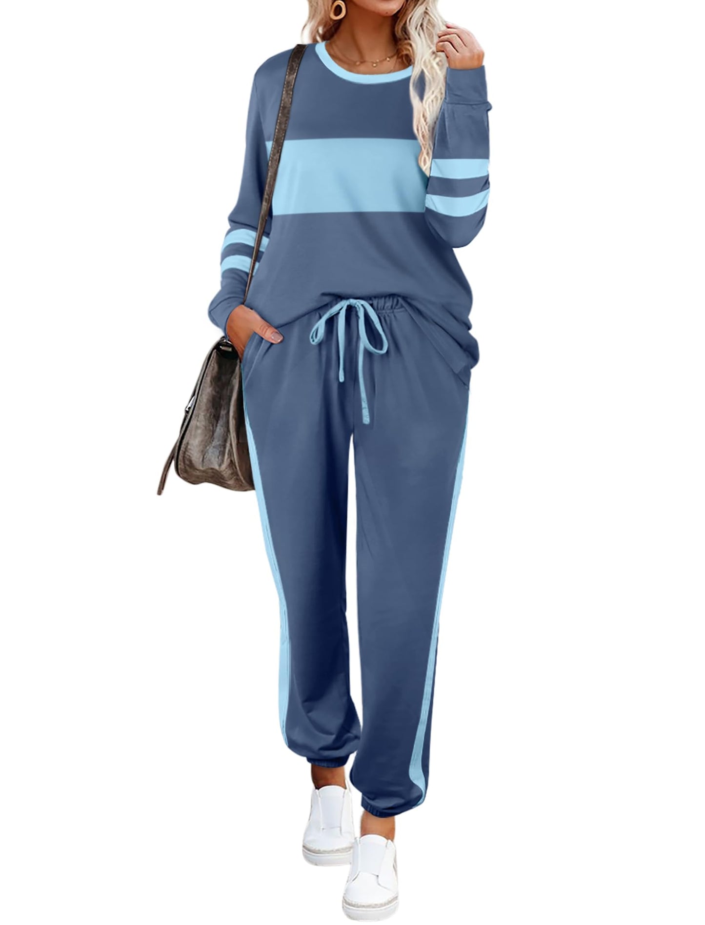Aloodor 2 Piece Sets for Women Loungewear Athleisure Cozy Sets Airport Lounge Sets Travel Outfits for Plane Light Blue XL