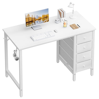 Lufeiya Small White Desk with Drawers for Bedroom, 40 Inch Kids Girls Study Desks, Reversible Computer Writing Nail Table with Fabric Drawer for Small Spaces Home Office Manicure