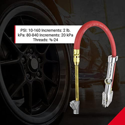 New & Improved - Tire Inflator Gauge with Dual Head Straight Foot Air Chuck 15” Air Hose 10-160 PSI (Box of 5)
