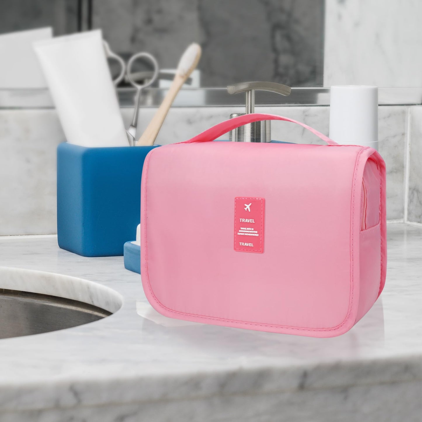 Lcsmaokin Large Capacity Toiletry Bag Travel Bag with Hanging Hook for Men and Women Waterproof Travel Cosmetic Bag Bathroom Storage Bag for Brushes Set, Full-Sized Shampoo,Accessories(Pink)