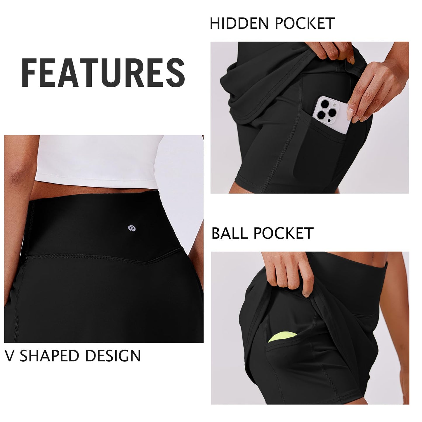 PINSPARK Tennis Skirts for Women V-Waisted Athletic Skort Quick Dry Golf Skirts with 2 Pockets Shorts, Black Medium