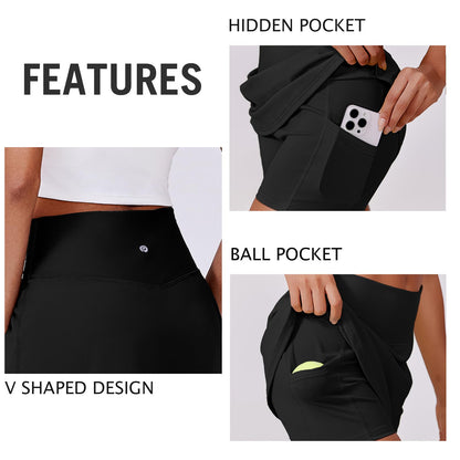 PINSPARK Tennis Skirts for Women V-Waisted Athletic Skort Quick Dry Golf Skirts with 2 Pockets Shorts, Black Medium