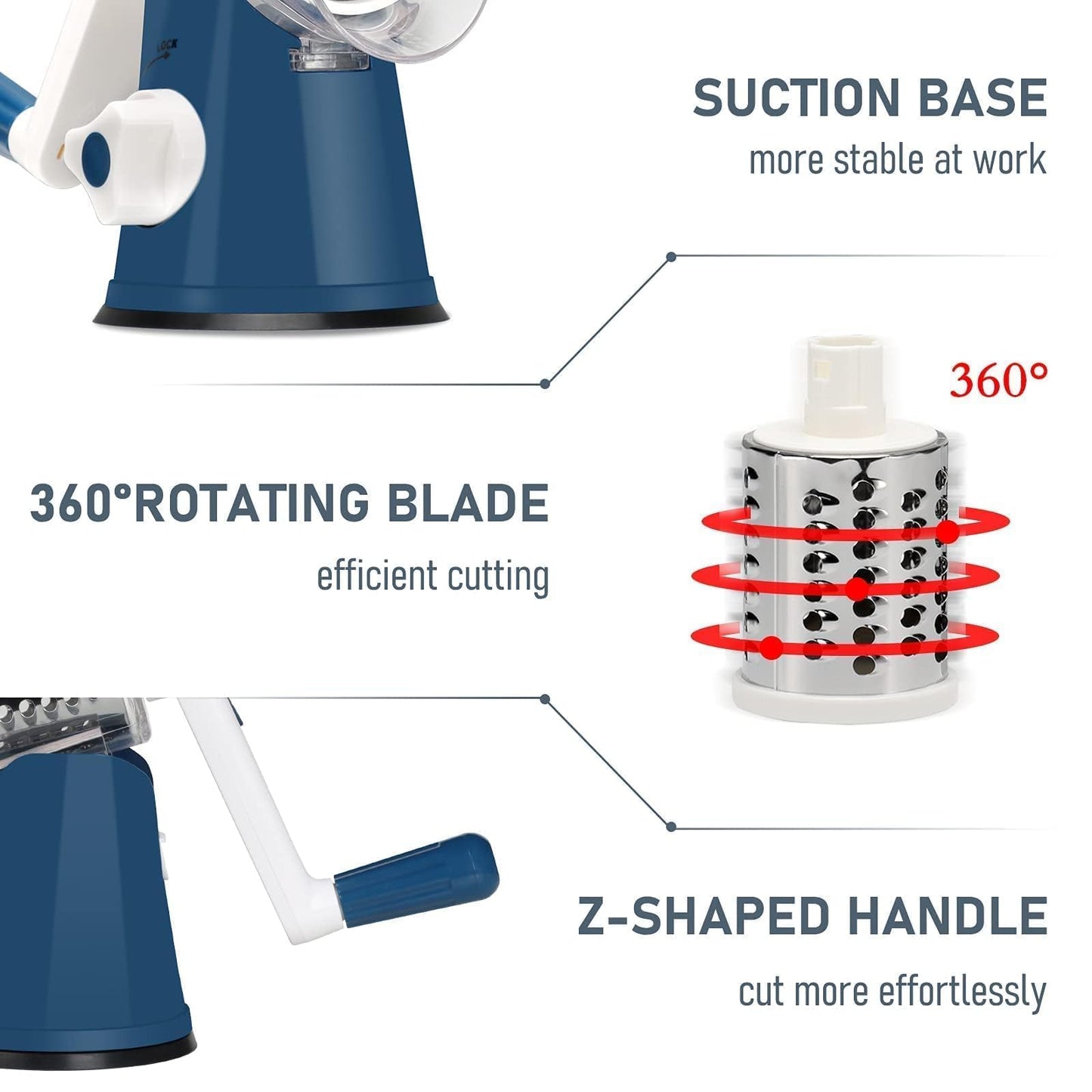 KEOUKE Rotary Cheese Grater with Handle - 3 Changeable Blades for Cheese, Vegetables, Nuts - Blue