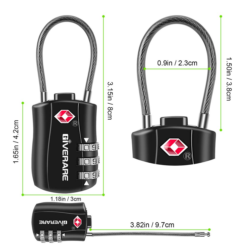 GIVERARE 2 PCS TSA Approved Luggage Locks, Combination Travel Cable Lock, Re-settable 3-Digit Padlocks with Alloy Body, Keyless Travel Sentry Accepted Padlock for Gym Locker, Golf Bag Case-Black