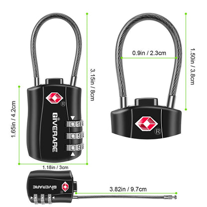 GIVERARE 2 PCS TSA Approved Luggage Locks, Combination Travel Cable Lock, Re-settable 3-Digit Padlocks with Alloy Body, Keyless Travel Sentry Accepted Padlock for Gym Locker, Golf Bag Case-Black
