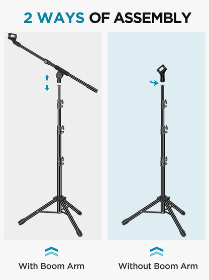 InnoGear Microphone Stand, Tripod Boom Arm Floor Mic Stand Height Adjustable Heavy Duty with Carrying Bag 2 Mic Clips 3/8" to 5/8" Adapter for Singing Podcast for Blue Yeti Shure SM58 SM48 Samson Q2U