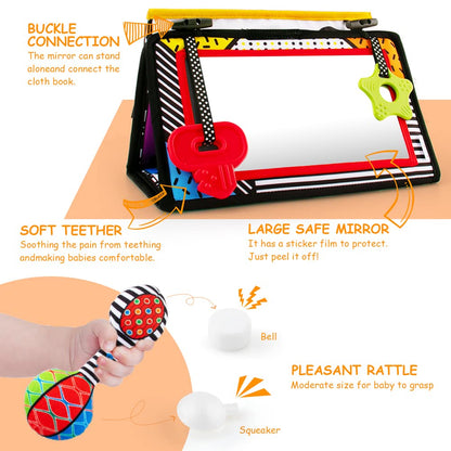 3-in-1 Tummy Time Mirror with Soft Crinkle 3D Activity Book, Teethers, Rattle - High Contrast Black and White Montessori Baby Crawling Toys Developmental Newborn Infant Sensory Toys Gift 0-12 Months