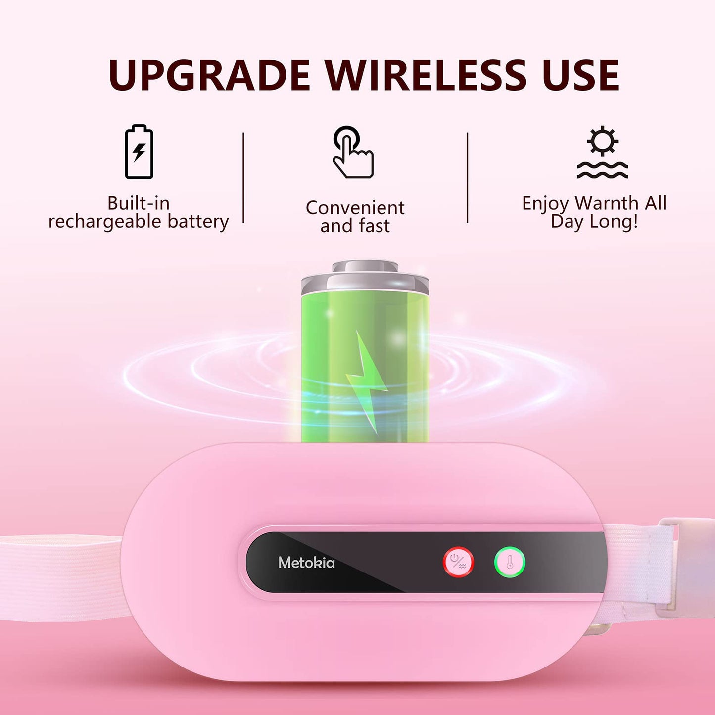 Portable Cordless Heating Pad, Heating Pad for Back Pain with 3 Heat Levels & 3 Vibration Massage Modes, Portable Electric Fast Heating Belly Wrap Belt for Women and Girl(Pink)