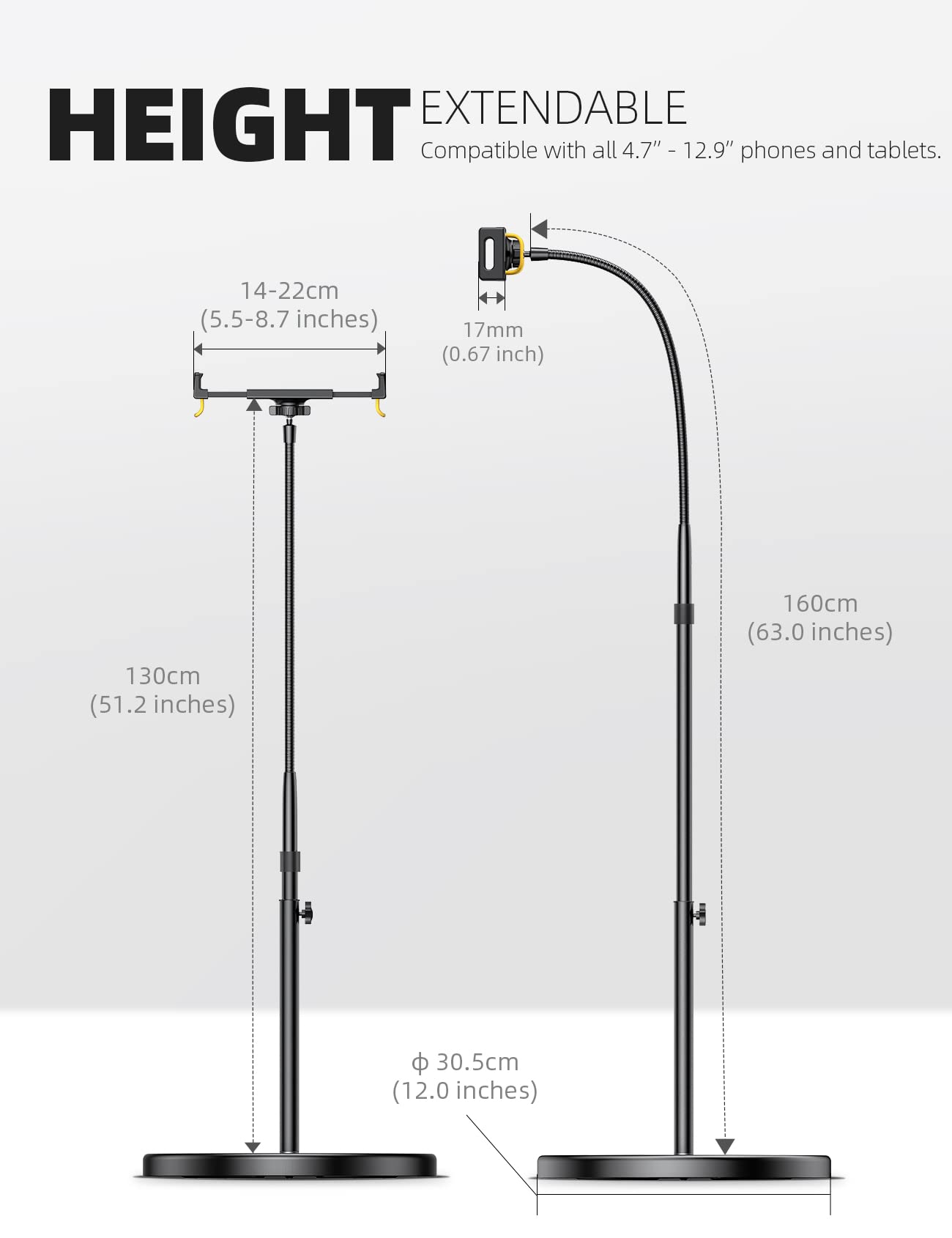 Lamicall Tablet Floor Stand Holder - Gooseneck Tablet Mount for Bed, 63" Adjustable Height & 10.6lb Stable Base, for 4.7-13" Tablets, iPad Pro 13/9.7, Air, Mini, Galaxy Tab, Kindle, Phones