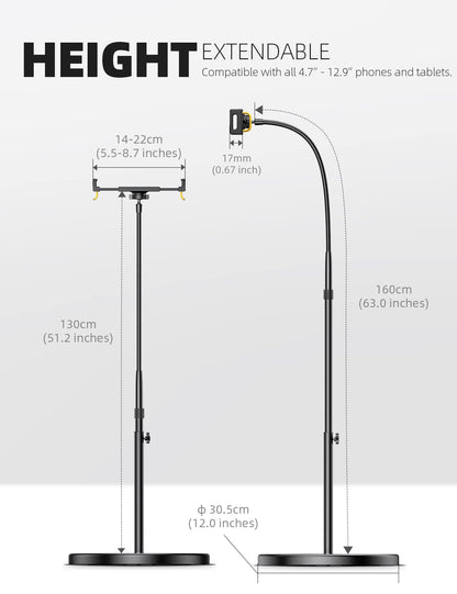 Lamicall Tablet Floor Stand Holder - Gooseneck Tablet Mount for Bed, 63" Adjustable Height & 10.6lb Stable Base, for 4.7-13" Tablets, iPad Pro 13/9.7, Air, Mini, Galaxy Tab, Kindle, Phones