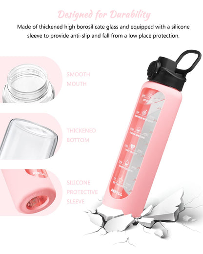 Nefeeko 32 oz Glass Water Bottles with Straw, Motivational Time Marker, 1 Liter BPA FREE Leakproof Reusable Bottle with Silicone Sleeve, Bamboo & Spout Lid