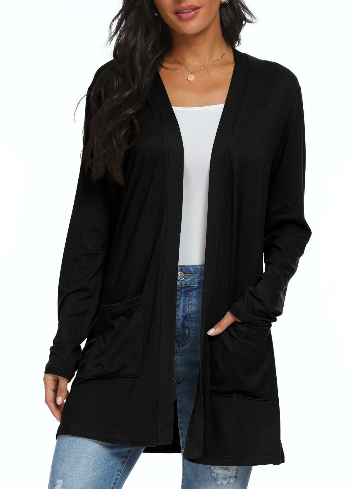 QIXING Womens Cardigan with Pocketes Long Sleeve Casual Lightweight Open Front Cardigan