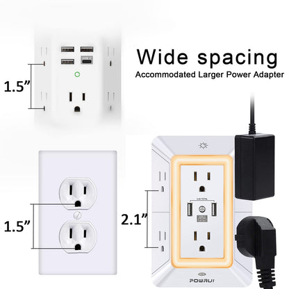 Multi Plug Outlet Surge Protector - POWRUI 6 Outlet Extender with 3 USB Ports (1 USB C) and Night Light, 3-Sided Power Strip with Adapter Spaced Outlets - White, ETL Listed