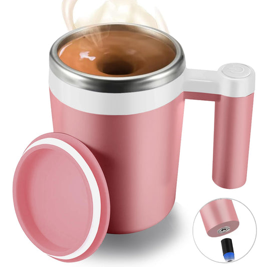 FCSWEET Self Stirring Mug,Rechargeable Auto Magnetic Coffee Mug with 2Pc Stir Bar,Waterproof Automatic Mixing Cup for Milk/Cocoa at Office/Kitchen/Travel 14oz Best Gift - Pink