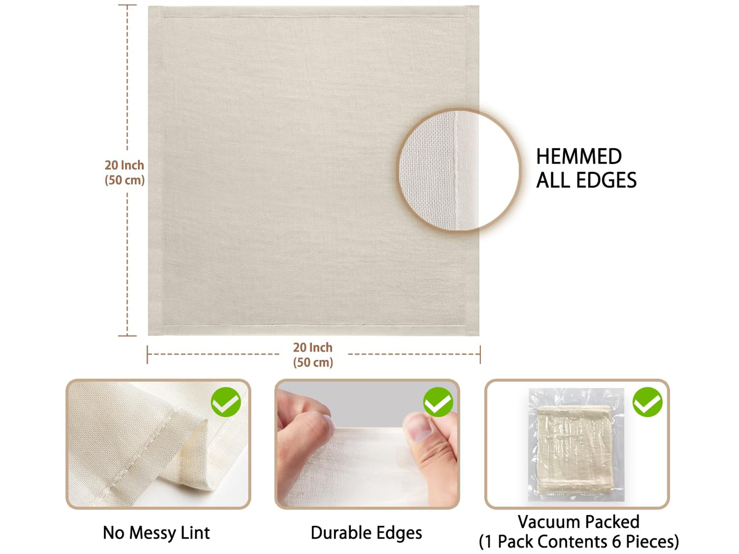 Olicity Cheese Cloths, 6PCS, Grade 100,20x20Inch Hemmed Cheese Cloth Fabric Reusable Fine Mesh Cloth, 100% Cotton Unbleached Precut Muslin Cheesecloth for Straining, Cooking, Yogurt, Juicing