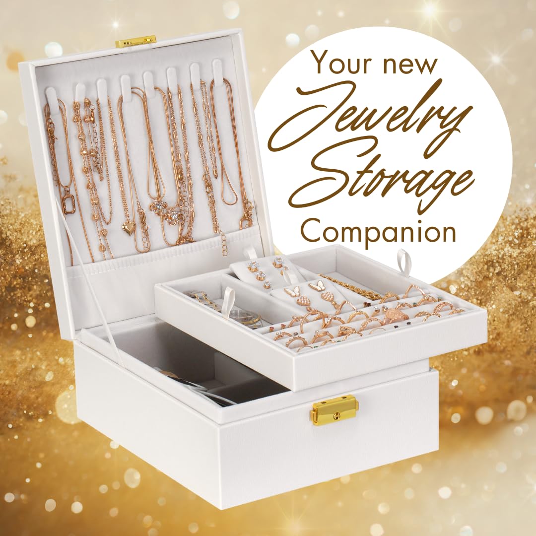 Prestige & Fancy 2 Layer Woman Jewelry Box, Jewelry Organizer For Woman, Men & Girls Large Case 8.5x7.5x3.3in | PU Leather Black Jewelry Gift Storage Boxes For Ring, Necklace & Bracelet With Lock