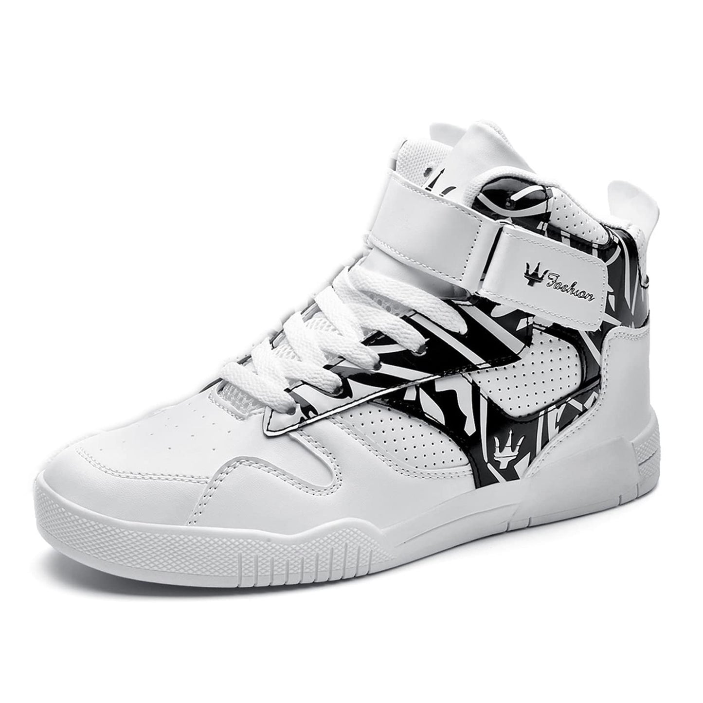 FZUU Men's Fashion High Top Leather Street Sneakers Sports Casual Shoes (8.5, White/Black, Numeric_8_Point_5)
