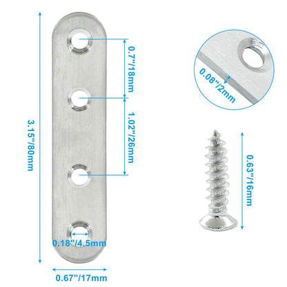Rierdge 16 Pack 3 Inch Stainless Steel Flat Plate Straight Bracket Flat Metal Brace Bracket, 80mm Metal Brackets Mending Repair Plate Brace with Screws for Wood Straight Brace